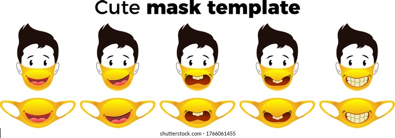 Set of cute cloth face mask pattern. Vector drawing of funny mask. Covid-19 protection mask to protect from infection and polluted air. 