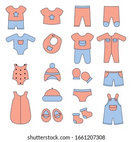 Set of cute clothes for baby including bodysuits, shirts, shoes. Vector illustration.