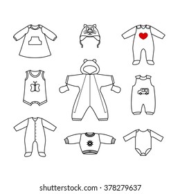 Set of cute clothess for the little baby. Collection of clothing in a linear style for the newborn. Vector outline illustration. Vector outline  illustration set for your design