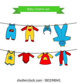 Set of cute clothess for the little baby on the clothesline. Collection of clothing in a flat style for the newborn.Set of vector icons for design labels, flyers, discount vouchers and advertising