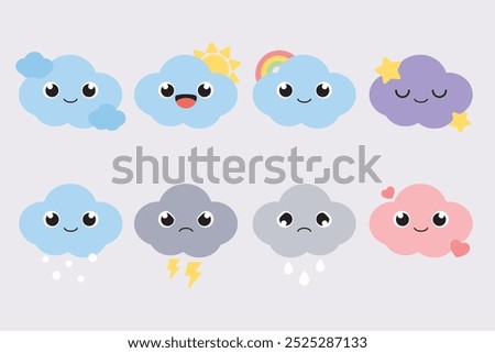 Set of cute cloud cartoon characters. Flat design illustration.