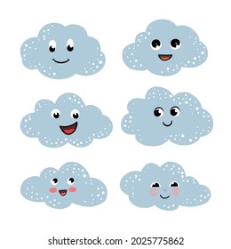 Set of cute clouds in children's style. Collection of decor elements on a white background. Cartoon character. Suitable for kids prints, textiles, packaging, scrapbooking, wallpaper, magazine, book