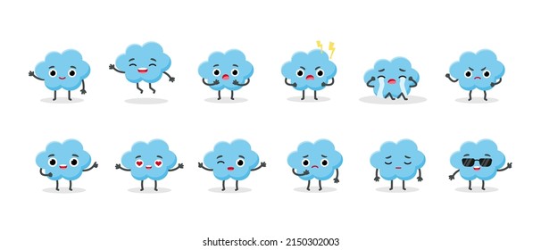 Set Cute Clouds Emoji Characters. Vector emoticon sticker collection