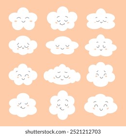 Conjunto de nubes lindas con cara sonriente. Ilustración vectorial.