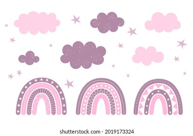 Mit süßen Wolken, Sternen und Boho-Regenbögen, Kinderdekor, Babybekleidung, Tapeten. Vektorgrafik im flachen Stil einzeln auf weißem Hintergrund.