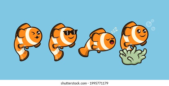 Set of cute clown fish swimming in the sea