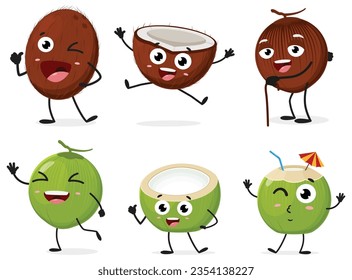 Set of cute coconut cartoon characters, isolated on white background