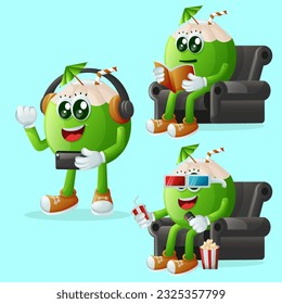 Set of cute coconut characters enjoying leisure activities. Perfect for kids, merchandise and sticker, banner promotion or blog
