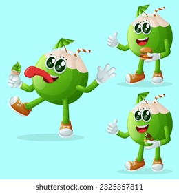 Set of cute coconut characters enjoying food. Perfect for kids, merchandise and sticker, banner promotion or blog
