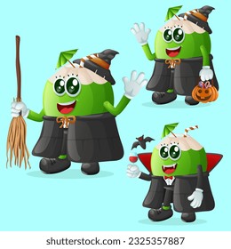 Set of cute coconut characters on Halloween. Perfect for kids, merchandise and sticker, banner promotion or blog
