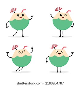 set of cute Coconut Cocktail character vector illustrations. cute coconut design to menu, web and graphic design