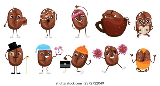 Set of cute coffee beans on white background