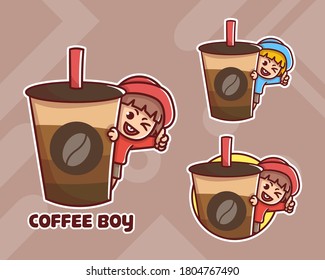 set of cute coffee boy mascot logo with optional appearance. premium kawaii vector