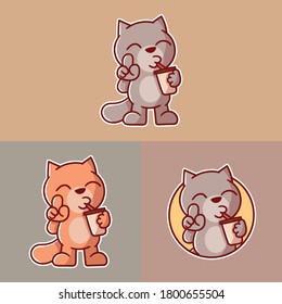 set of cute coffee cat mascot logo with optional apprearance. premium kawaii vector