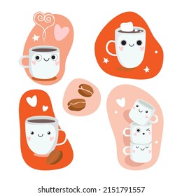 Set of cute coffee characters in trendy kawaii style. Happy cartoon drinks with doodle stars and hearts.