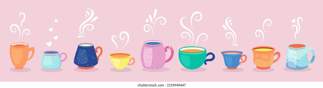 Set of cute coffee characters in trendy kawaii style on pink. Take away cups, mugs and bean with hot beverage. Happy cartoon drinks with doodle stars and hearts. Banner, card, poster design.