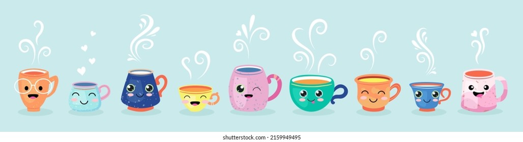 Set of cute coffee characters in trendy kawaii style on blue. Take away cups, mugs and bean with hot beverage. Happy cartoon drinks with doodle stars and hearts. Banner, card, poster design.