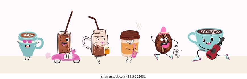 Set of cute coffee characters in trendy kawaii style. Take away cups, mugs and bean with hot beverage. Banner, card, poster design. Hand drawn vector illustration.