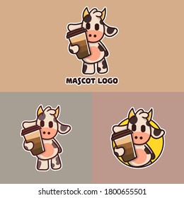 set of cute coffee cow mascot logo with optional apprearance. premium kawaii vector