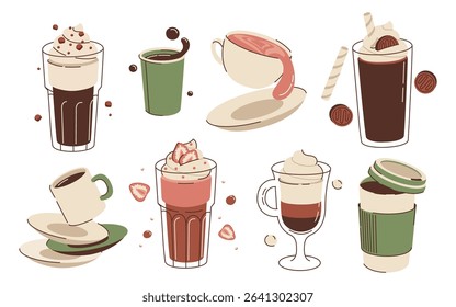 Set of cute Coffee Cups. Collection of hot drinks with variety latte designs. Cafe Bar or Coffee House Graphics. Vector isolated Illustration