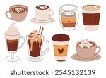 Set of cute Coffee Cups with Latte Art. Collection of coffee drinks with variety latte art heart, leaf, bear, cat, Flower. Cafe Bar or Coffee House Graphics. Vector Illustration, Icons. Isolated