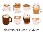 Set of cute Coffee Cups with Latte Art. Collection of coffee drinks with variety latte art heart, leaf, bear, cat, Flower. Cafe Bar or Coffee House Graphics. Vector Illustration