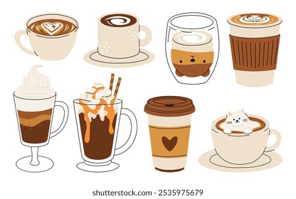 Set of cute Coffee Cups with Latte Art. Collection of coffee drinks with variety latte art heart, leaf, bear, cat, Flower. Cafe Bar or Coffee House Graphics. Vector Illustration, Icons. Isolated 