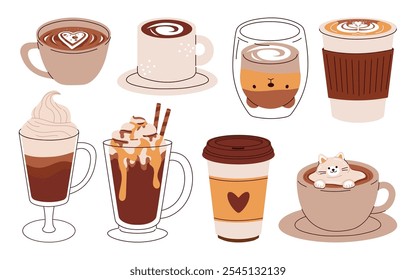 Set of cute Coffee Cups with Latte Art. Collection of coffee drinks with variety latte art heart, leaf, bear, cat, Flower. Cafe Bar or Coffee House Graphics. Vector Illustration, Icons. Isolated