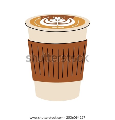 Set of cute Coffee Cups with Latte Art. Collection of coffee drinks with variety latte art heart, leaf, bear, cat, Flower. Cafe Bar or Coffee House Graphics. Vector Illustration, Icons. Isolated