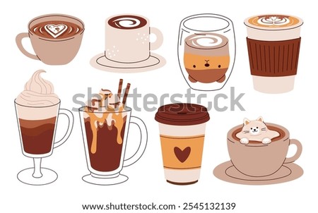 Set of cute Coffee Cups with Latte Art. Collection of coffee drinks with variety latte art heart, leaf, bear, cat, Flower. Cafe Bar or Coffee House Graphics. Vector Illustration, Icons. Isolated