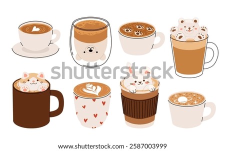 Set of cute Coffee Cups with Latte Art. Collection of coffee drinks with variety latte art heart, leaf, bear, cat, Flower. Cafe Bar or Coffee House Graphics. Vector Illustration