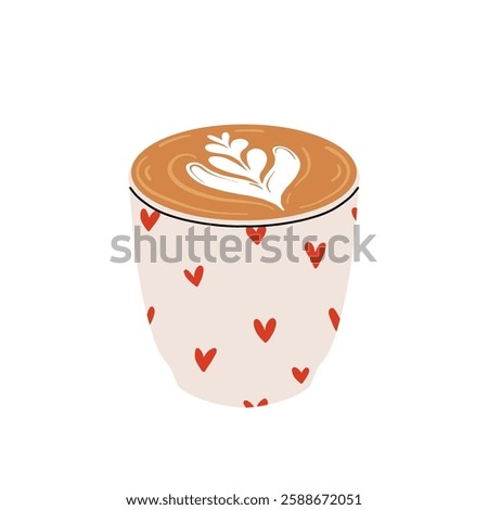 Set of cute Coffee Cups with Latte Art. Collection of coffee drinks with variety latte art heart, leaf, bear, cat, Flower. Cafe Bar or Coffee House Graphics. Vector Illustration