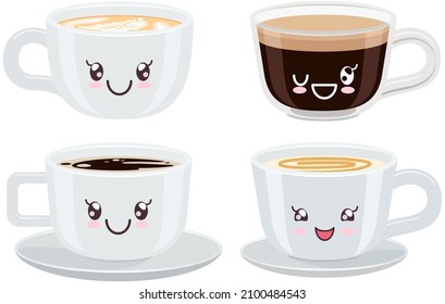 Set of cute coffee cups stickers kawaii icon vector design. Adorable cute hot drinks, latte, cappuccino and cocoa with positive emotions, japanese, oriental culture symbol anime, facial expression