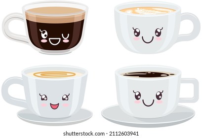 Set of cute coffee cups stickers kawaii icon vector design. Adorable cute hot drinks, latte, cappuccino and cocoa with positive emotions, japanese, oriental culture symbol anime, facial expression