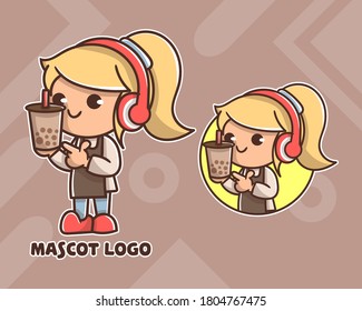 set of cute coffee girl mascot logo with optional appearance. premium kawaii vector