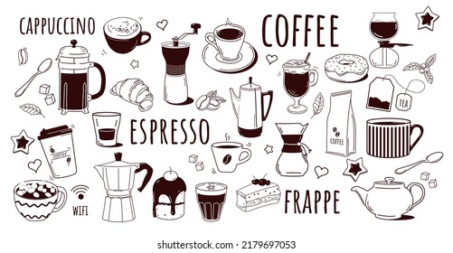 Juego de adorables iconos de la cafetería. Bebidas extraídas a mano de frijol de cacao, capuchino, tetera, taza o taza, postres dulces, té y cartón. Colección vectorial plana de dibujos animados aislada en fondo blanco