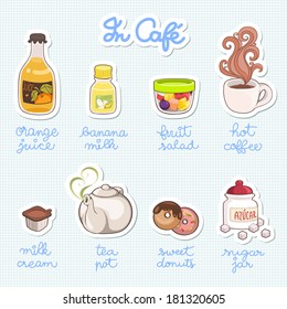 Set of the cute coffee shop stickers, doodle design elements