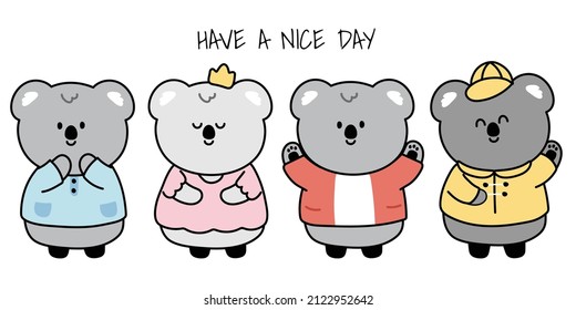 Set of cute cola bear in various poses stand on white background.Animal cartoon character design.Have a nice day text.Zoo.Kawaii.Vector.Illustration.