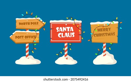 Set of Cute Collection North Pole Signboards and Christmas Wooden Street Signs in Snow, Winter Pointers with Garlands, Snow and Striped Poles. Winter Holiday, Xmas Banners. Cartoon Vector Illustration