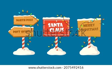 Set of Cute Collection North Pole Signboards and Christmas Wooden Street Signs in Snow, Winter Pointers with Garlands, Snow and Striped Poles. Winter Holiday, Xmas Banners. Cartoon Vector Illustration