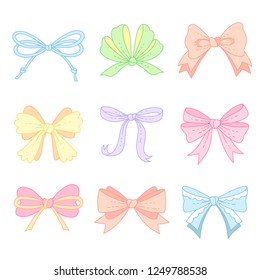 Set of cute  color bows for decoration. Cartoon design elements isolated on white background
