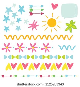 Set of cute color decoration elements for your design. Stars, speech bubble, flowers, sun, arrows and other decorative illustrations. For design of products, cards and party flyers, web design