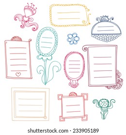 Set of cute color doodle frames with curls