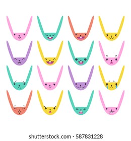 Set of cute color Easter bunny emoticons with happy and lovely faces, hand-drawn rabbit collection with various emotions, EPS 10