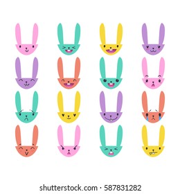 Set of cute color Easter bunny emoticons with happy and lovely faces, hand-drawn rabbit collection with various emotions, EPS 10