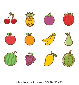 Set of cute color flat fruits design icon collection isolated on white background for children and kids learning Cartoon vector illustration style.