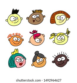 Set of cute color funny faces. smiles  hand drawn vector