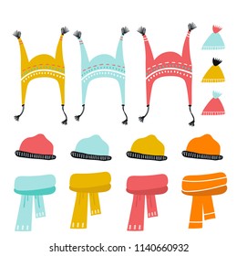 Set of cute color hand drawn winter knitted hats and scarves. Collection of cartoon clothes. Vector illustration.