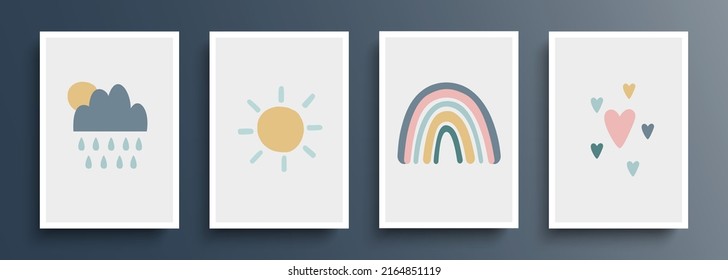 Set of cute color hand drawn posters. Rainbow bridge, rain cloud, sun and hearts. Backgrounds collection for nursery decor. Vector illustration.