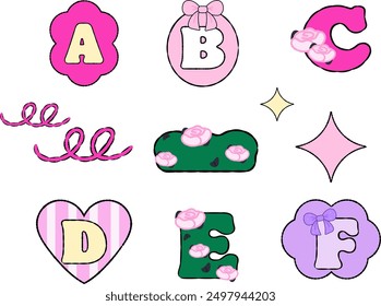 Set cute color pastel hand written A to F alphabet designs for font, letters, typography, social media post, brand logo, icon, print, card design, decorations, clip arts, patches